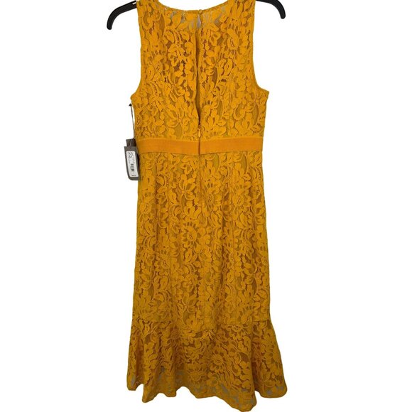 NWT Eva Mendes NY & Co 8 Mustard Lace Overlay Midi SL Dress Ruffle Hem 6828 - Picture 5 of 12